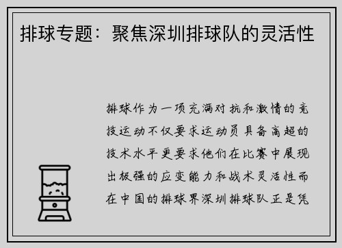 排球专题：聚焦深圳排球队的灵活性