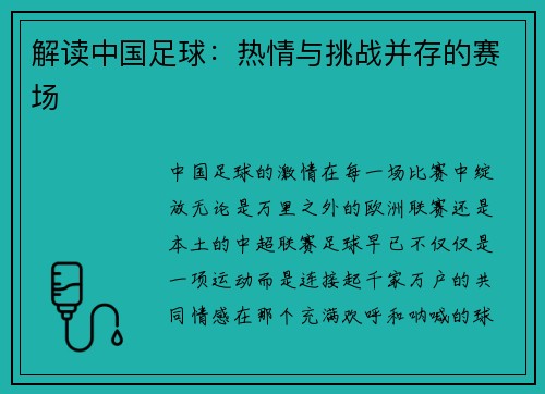 解读中国足球：热情与挑战并存的赛场
