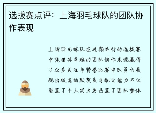 选拔赛点评：上海羽毛球队的团队协作表现